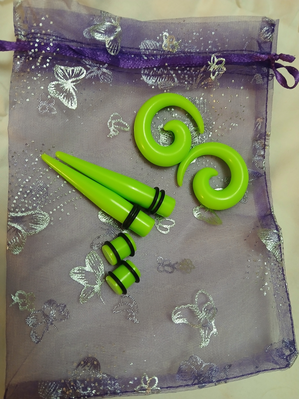 Neon Green Spiral Tapers and Plugs Set